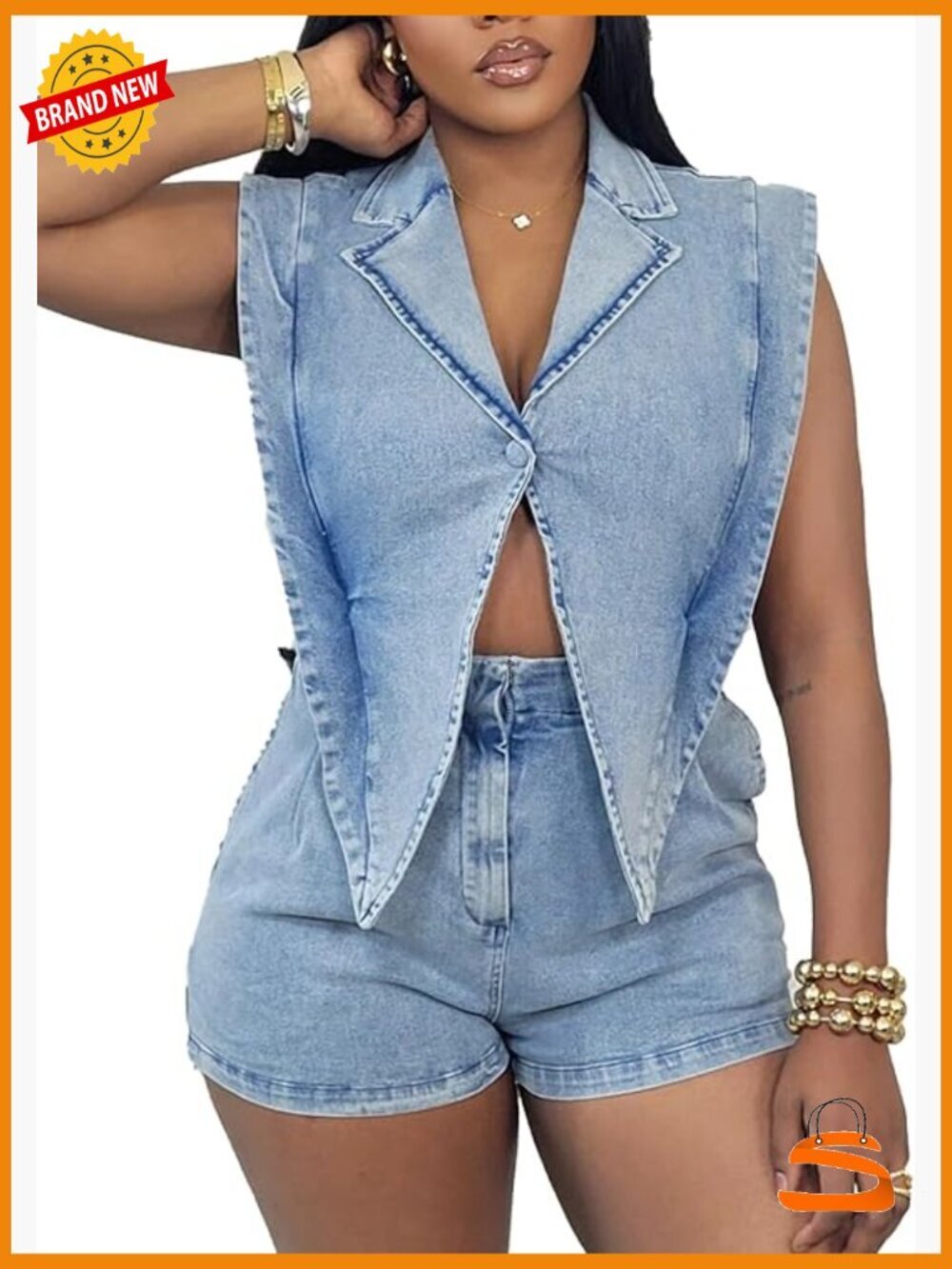 Sleeveless Lapel Neck Button Front Denim Romper with Hollow Details